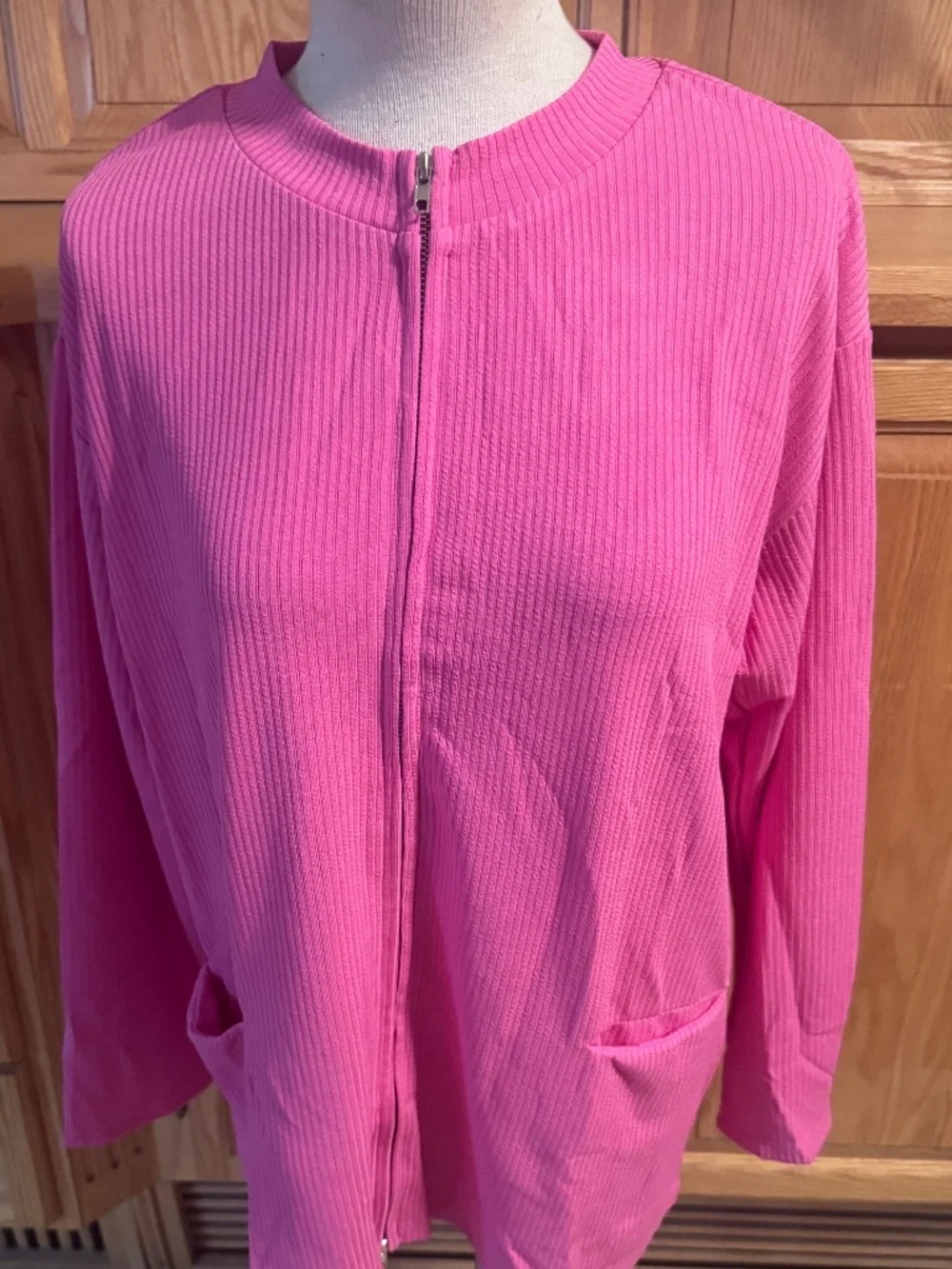 Women's Pink Ribbed Large Long Sleeve Zip Up Sweater With Pockets Classic Casual